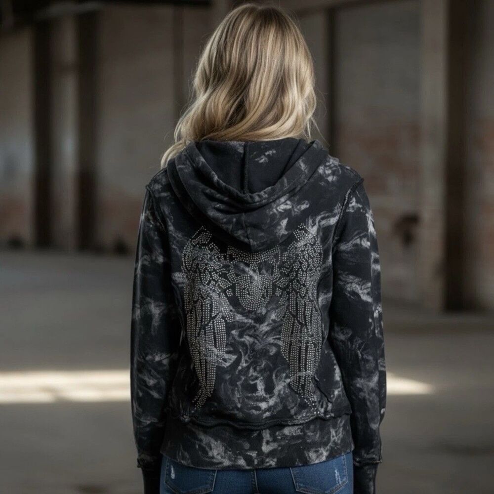 Sinful By Affliction S Grunge Black Jacket Hoodie Rhinestone Skull Wings Y2K - Picture 2 of 15